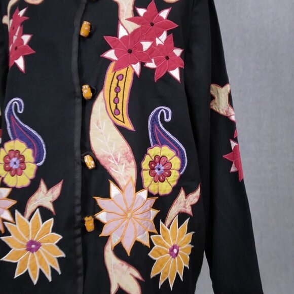 Alex Kim | Black Floral Embroidered Appliqué Linen Jacket Boho Fall|  | Size M - Picture 4 of 8